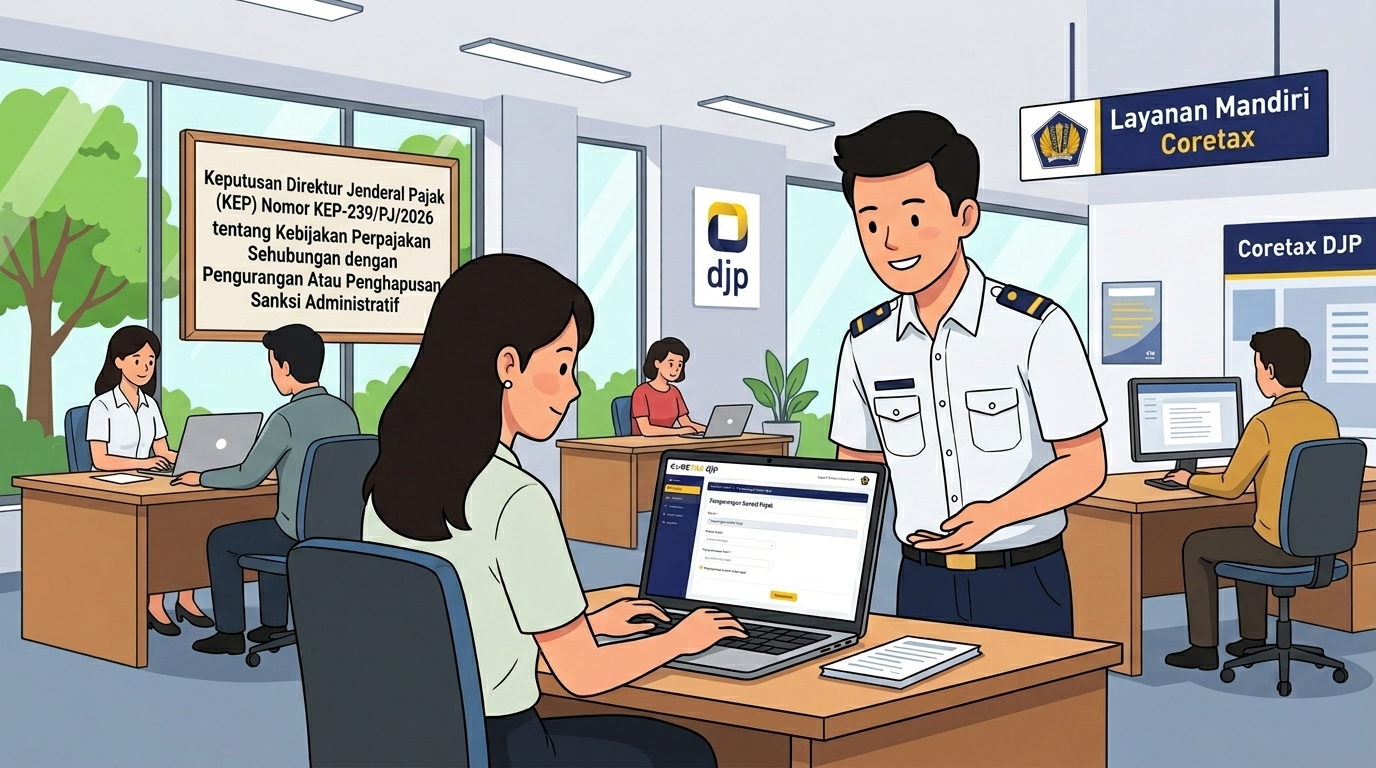 Informasi pengurangan atau penghapusan sanksi administrasi pajak hingga 100 persen berdasarkan KEP-239/PJ/2026, termasuk syarat dan batas waktu pengajuan bagi Wajib Pajak.
