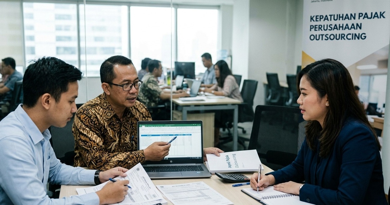Ilustrasi artikel edukasi pajak yang membahas aspek perpajakan jasa outsourcing di Indonesia, mencakup aturan PPN, fasilitas pembebasan pajak, serta ketentuan faktur pajak berdasarkan regulasi terbaru.