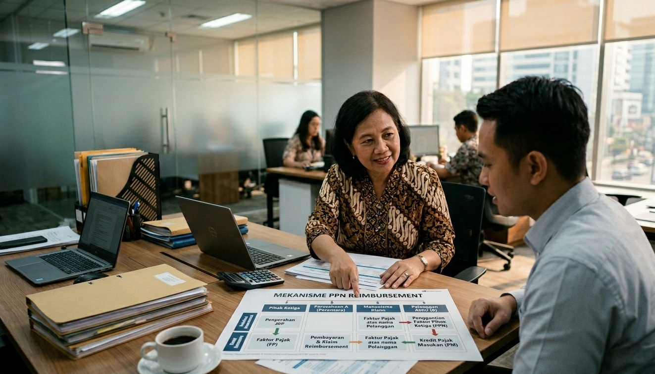 Ilustrasi transaksi reimbursement dan aspek PPN dalam perpajakan bisnis sesuai ketentuan pajak di Indonesia.